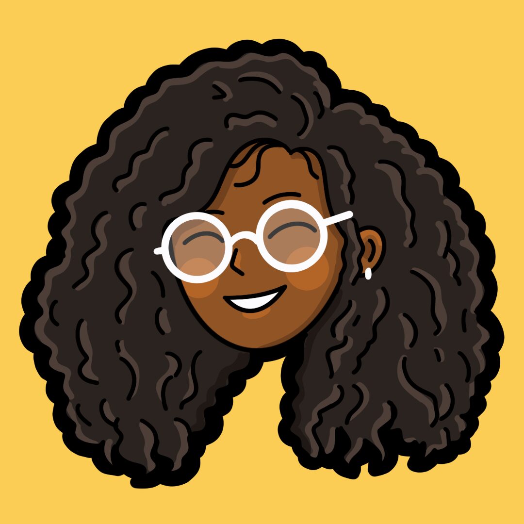 Gabrielle Kleinhenz | Beikost, Baby-led Weaning, Familiengerichte: Illustration eines fröhlich lachenden Gesichts einer dunkelhäutigen Person mit voluminösem, lockigem Haar. Sie trägt  eine runde, weiße Brille und kleine Perlenohrringe. Der Hintergrund ist gelb.